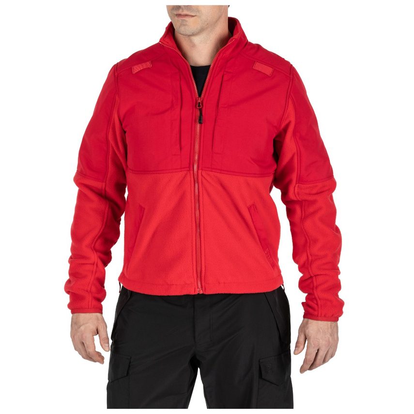 5.11 Tactical Fleece 2.0 in red, designed for cold weather comfort and functionality, featuring a sturdy zip-up front.