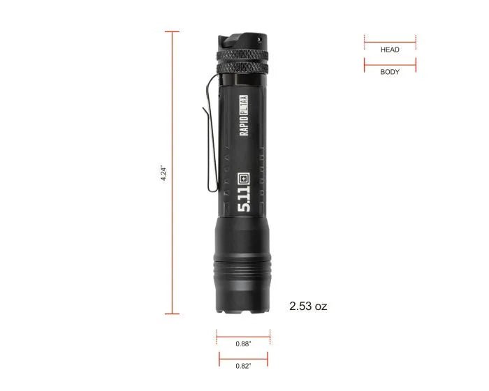5.11 Rapid PL 1AA dimensions: 4.24 in long, 0.88 in head, 0.82 in body, 2.53 oz with battery