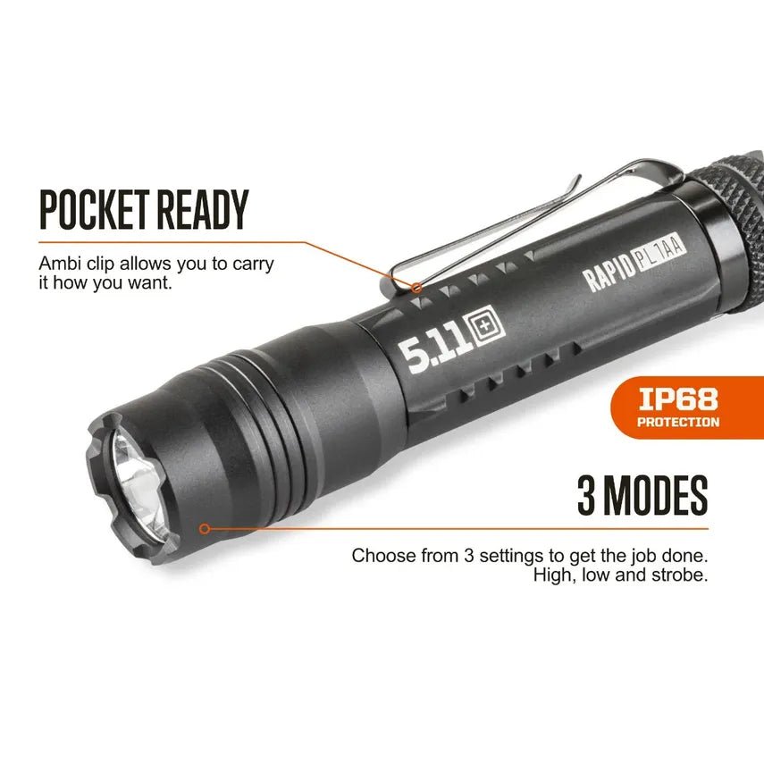 5.11 Rapid PL 1AA features: ambidextrous pocket clip, IP68 protection, and High, Low, Strobe modes