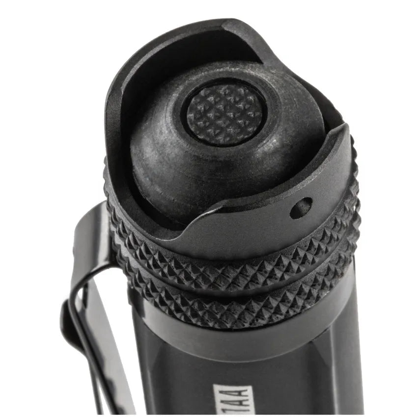 Rubber tailcap push-button switch and knurled grip ring on the 5.11 Rapid PL 1AA flashlight