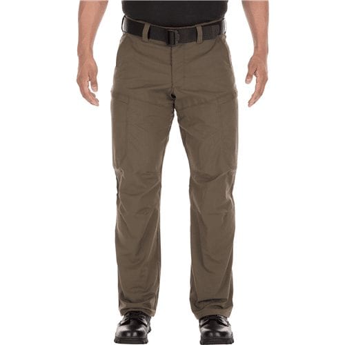 5.11 Tactical Apex Pant in dark brown, front view worn with a black belt