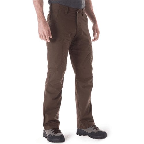 5.11 Tactical Apex Pant in brown, angled view showing the low-profile cargo pocket