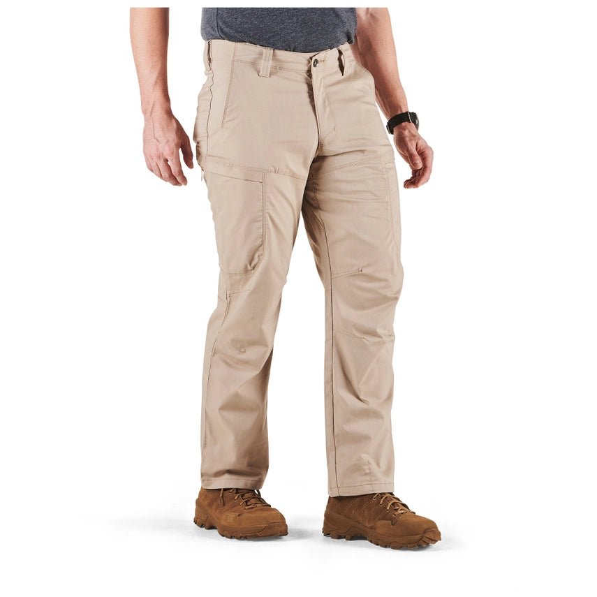 5.11 Apex Pant in Khaki, three-quarter view showing the zippered thigh cargo pocket