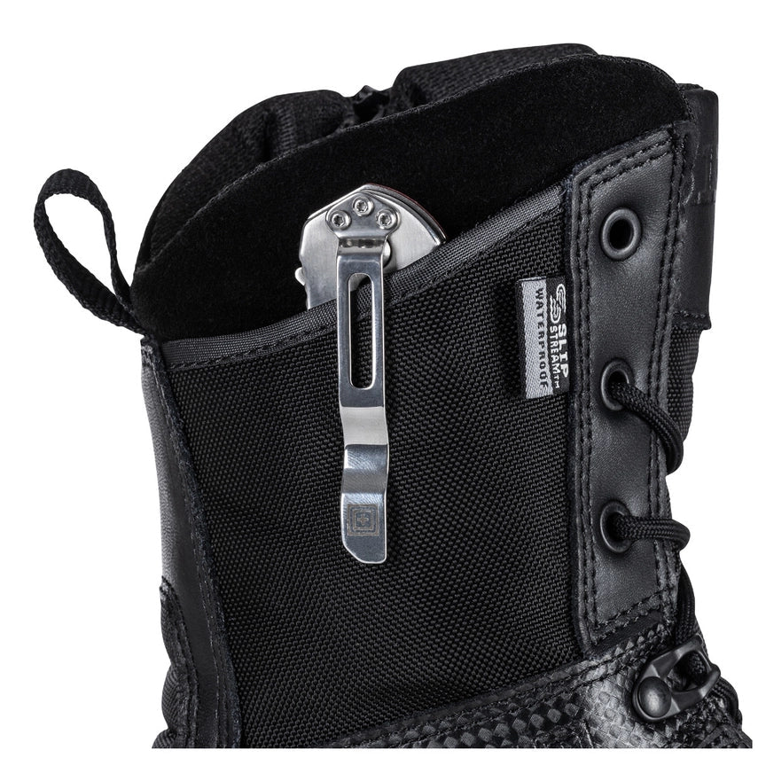Close-up of the side zip feature on 5.11 Tactical A.T.A.C.® 2.0 Storm Boots for easy access and convenience.