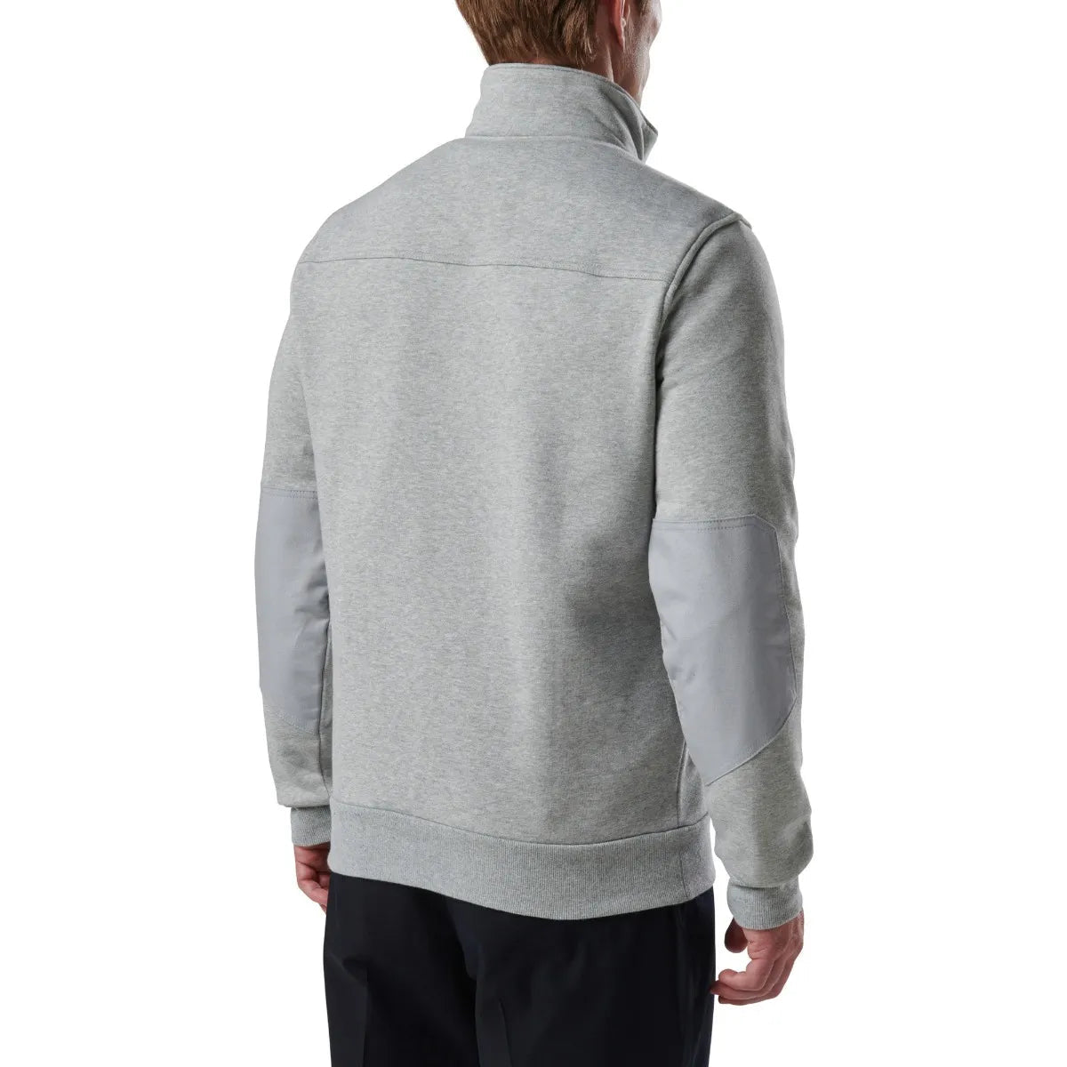 Back view of 5.11 Tactical Job Shirt 1/4 Zip 2.0 in gray, showcasing durable fleece and elbow patches for added strength.