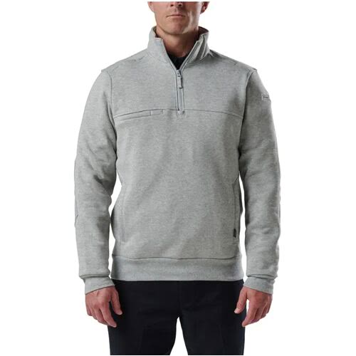 5.11 Tactical Job Shirt 1/4 Zip 2.0 in grey, showcasing a durable and water-resistant fleece design for comfort and utility.