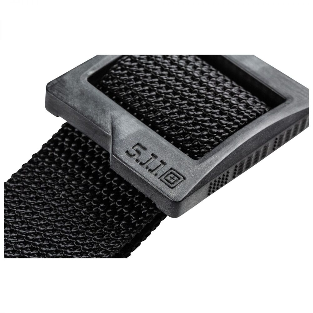 Close view of the 5.11 logo nylon buckle and inset tension bar on the black TDU Low Pro Belt