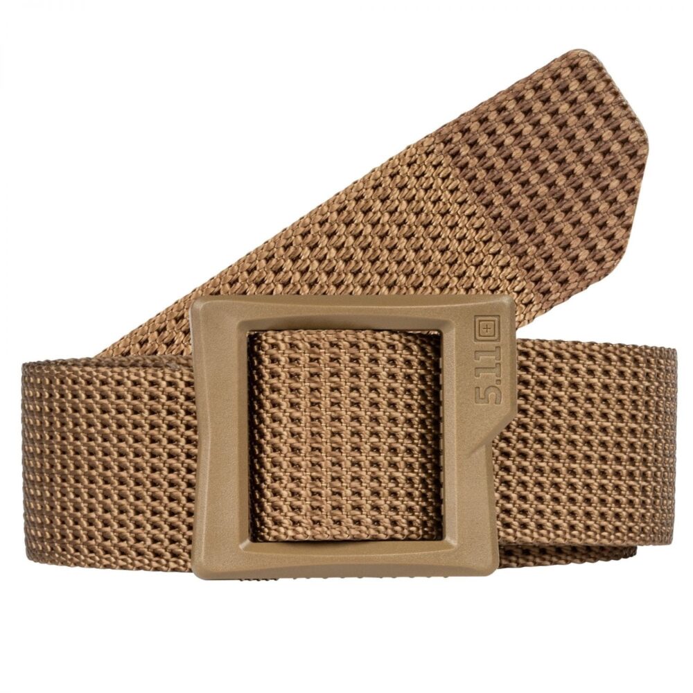 5.11 Tactical TDU Low Pro Belt in Kangaroo, front view of buckle and webbing