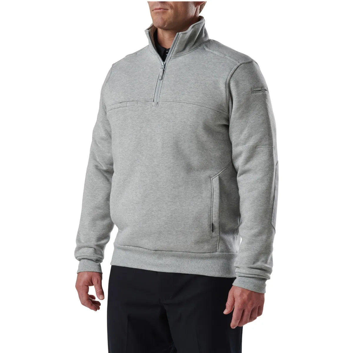5.11 Tactical Job Shirt 1/4 Zip 2.0 in grey, showcasing durable fleece fabric and utility features for comfort and performance.