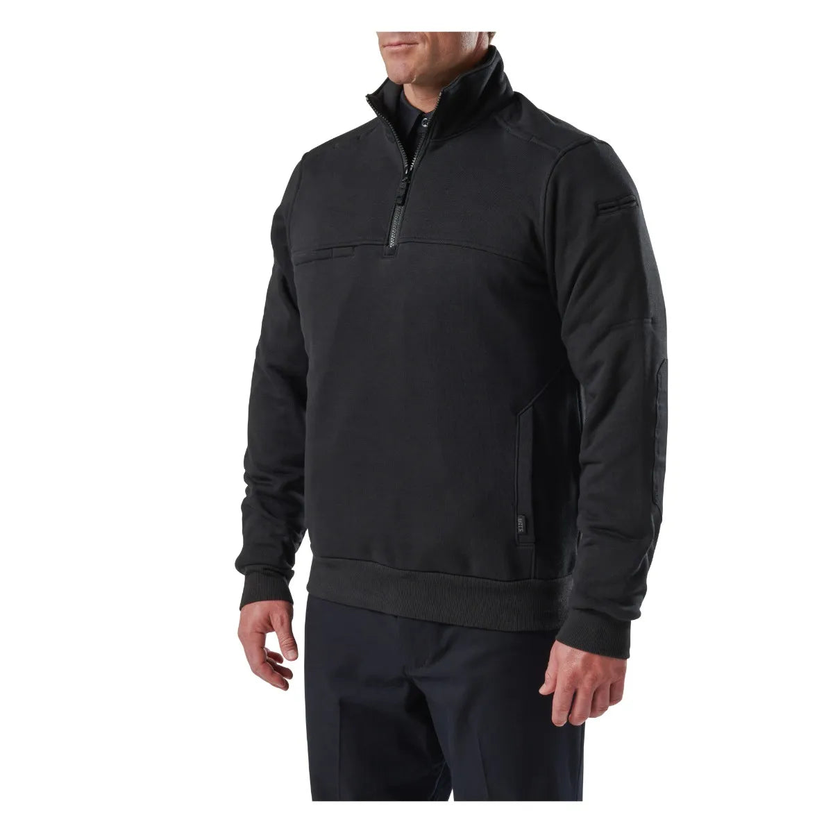 5.11 Tactical Job Shirt 1/4 Zip 2.0, black fleece with durable design and pockets, perfect for utility and comfort.
