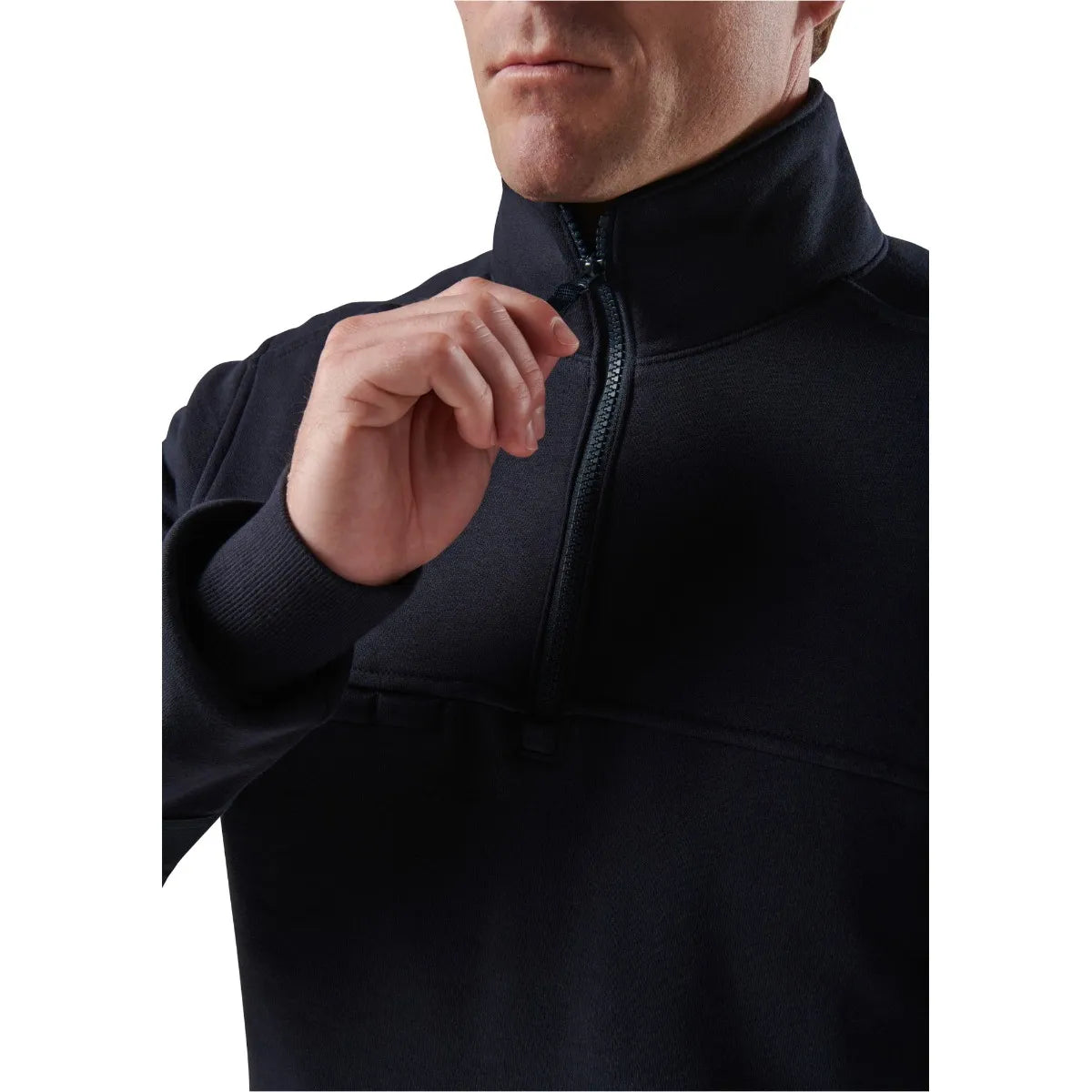 Close-up of a person wearing a 5.11 Tactical Job Shirt 1/4 Zip 2.0, highlighting the durable fabric and zippered front.