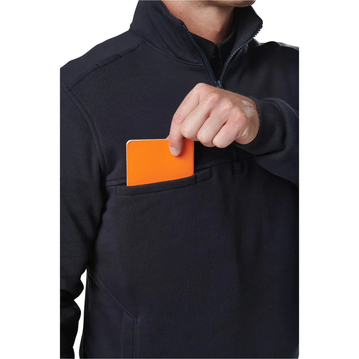 Man demonstrating the convenient right chest pocket of the 5.11 Tactical Job Shirt 1/4 Zip 2.0.