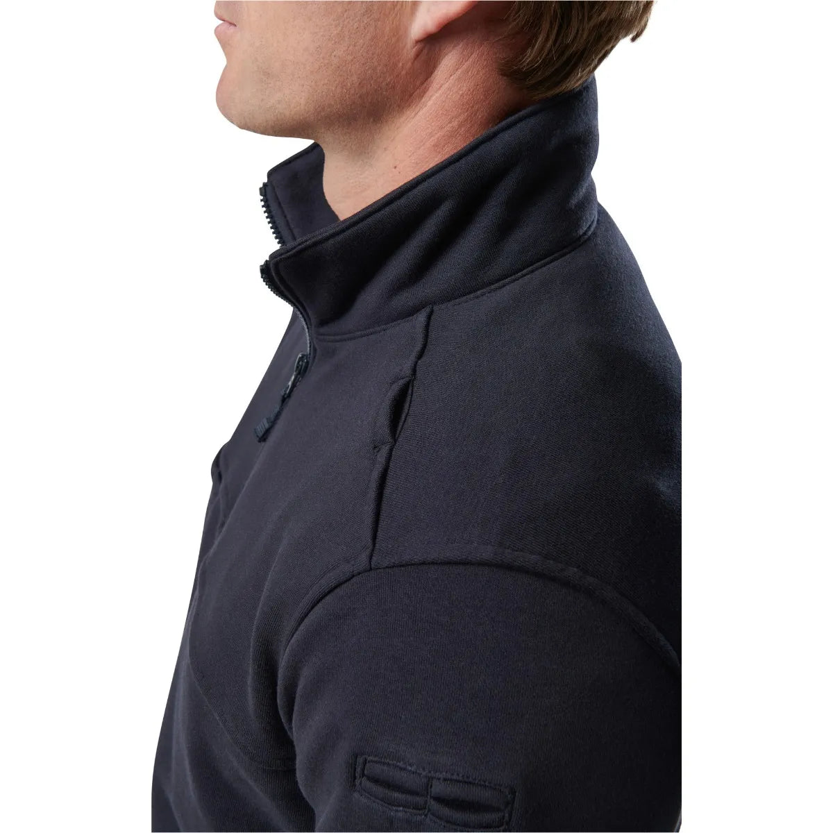 Side view of 5.11 Tactical Job Shirt 1/4 Zip 2.0, showcasing its durable fleece fabric and collar design.
