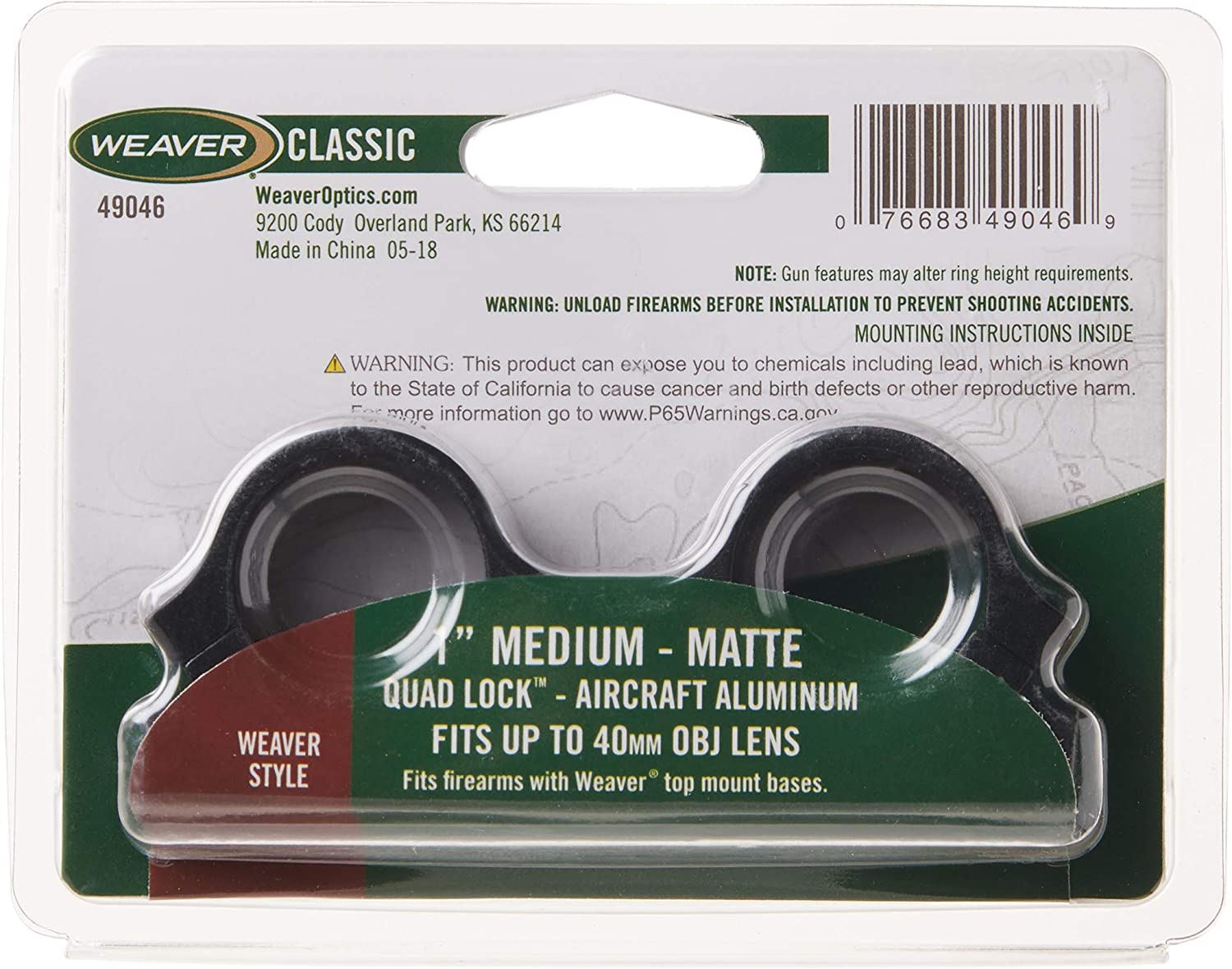 Weaver 1" Ring Quad Lock Medium Matte - Clam 49046 - Shooting Accessories