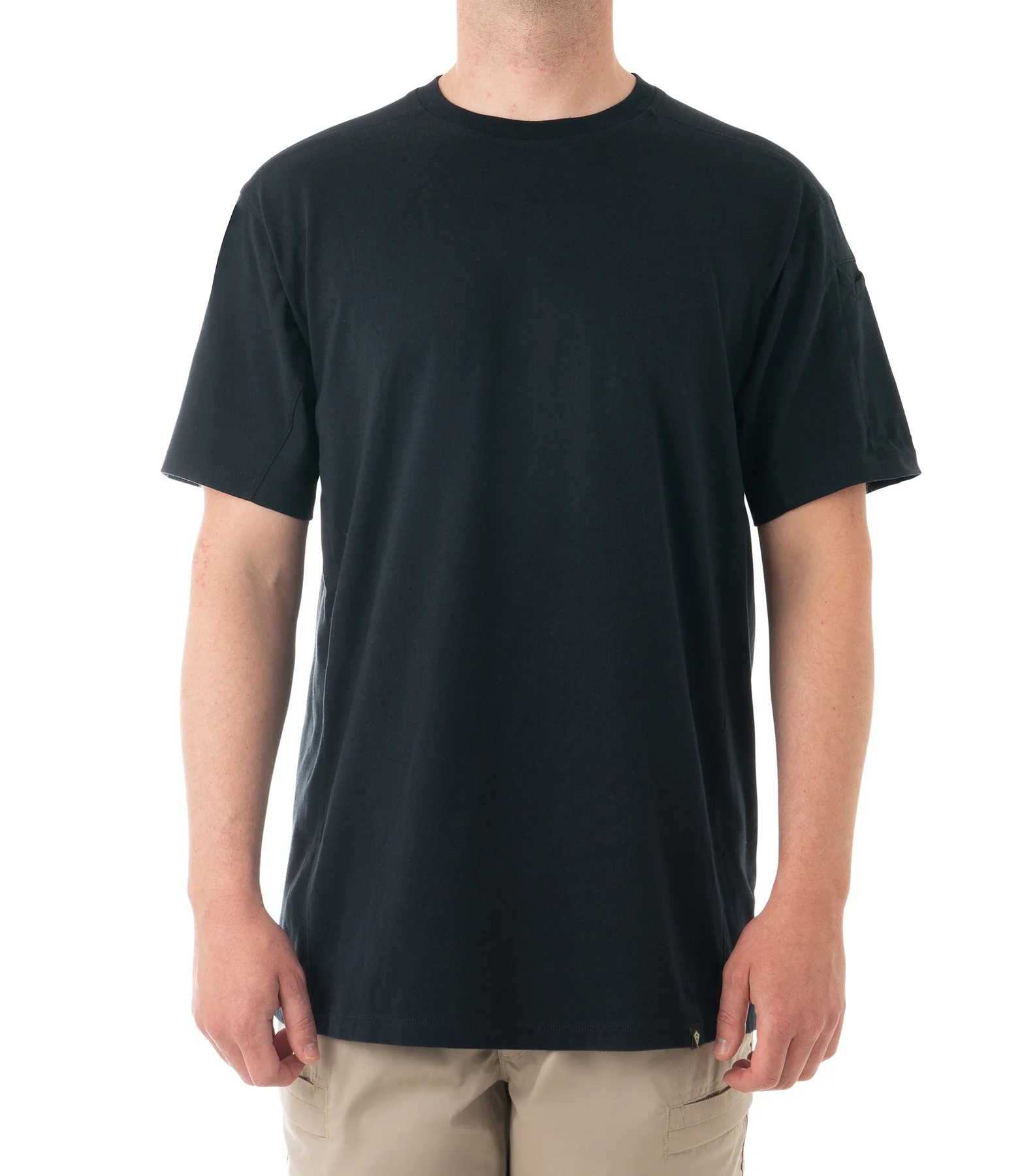 A black short-sleeve First Tactical Men's Tactix T-Shirt with a pen pocket, displayed on a male model.