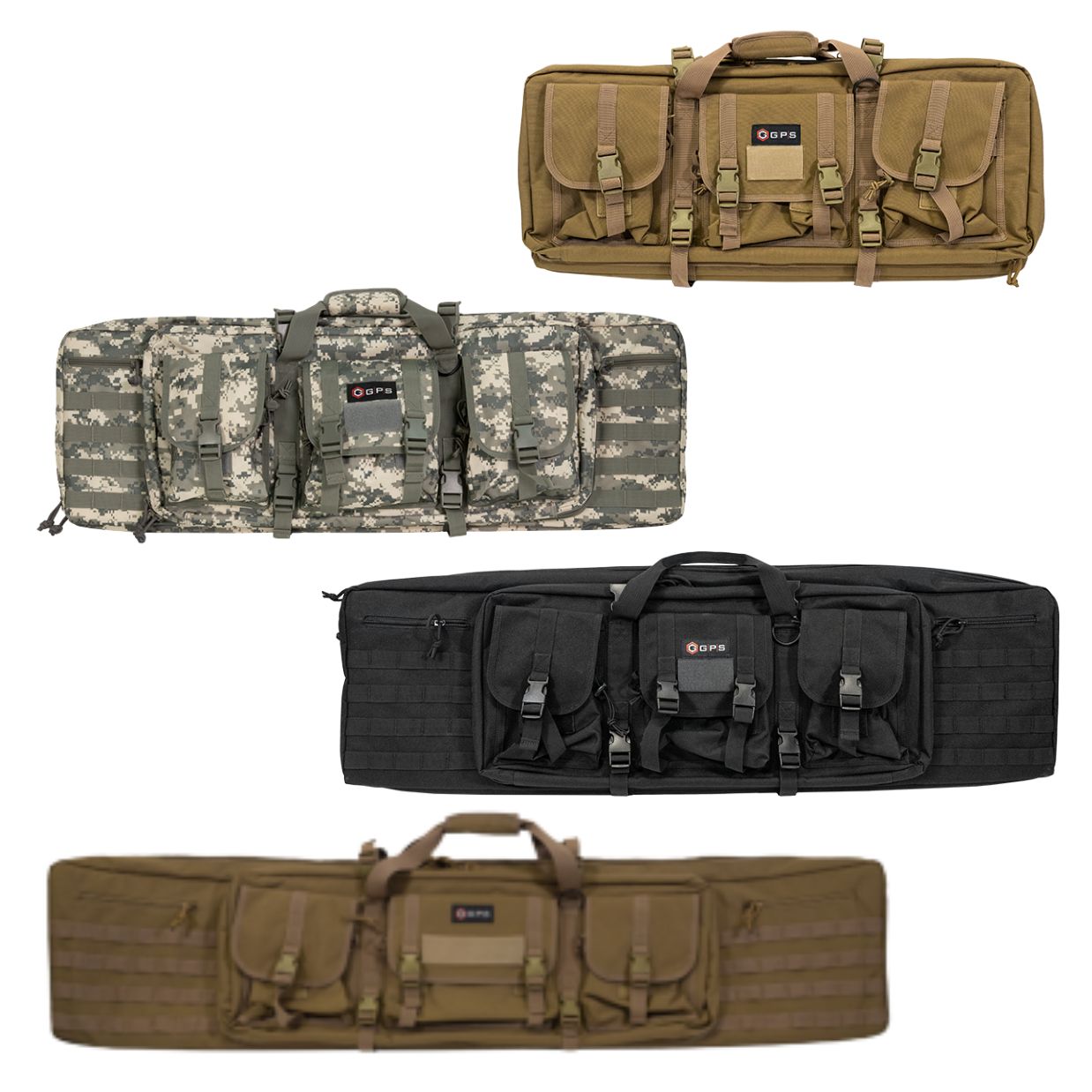 GPS Double Rifle Case in black with padded compartments for rifles and pistols, showing lockable zippers and MOLLE webbing
