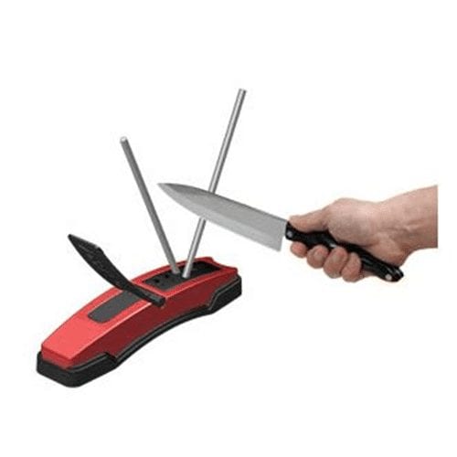 Lansky Master's Edge MEDGE1 with handguard open and two white fine ceramic rods deployed in guide holes, ready for sharpening, product shot on white background