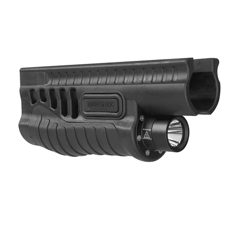 Right side of Nightstick SFL-11WL Shotgun Forend Light for Mossberg 500 590 Shockwave, 1200-lumen LED, waterproof black forend with rubber grip and included hardware