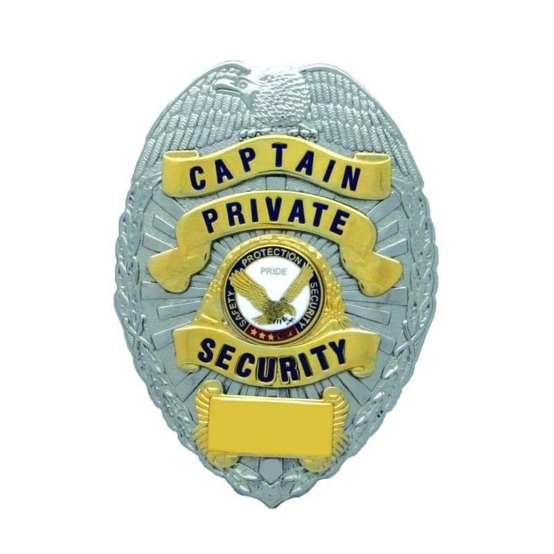 Gold-on-silver Private Security Captain badge with navy text, eagle emblem, and customizable ID, measuring 3 ¼" x 2 ½ Private Security Captain Badge - Badges & Accessories