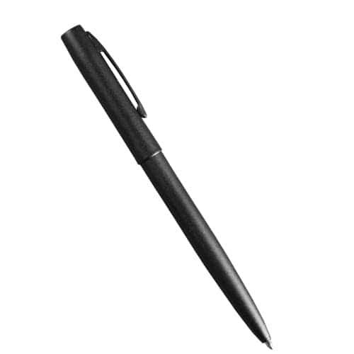 A black Rite in the Rain All-Weather Metal Pen with a pressurized ink cartridge.
