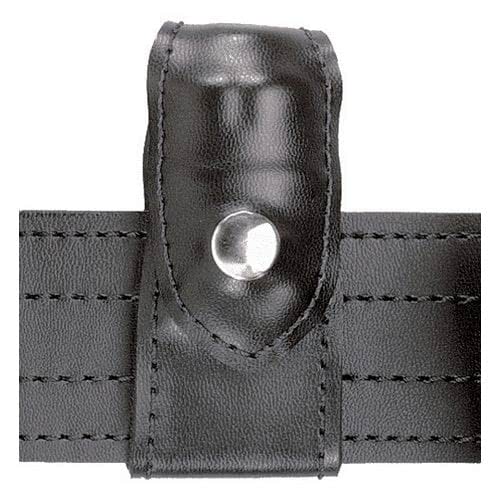 Safariland 371 Split-Six Speedloader Pouch in plain black leather, model 371-2-6, mounted on a black leather duty belt with chrome snap flap closure