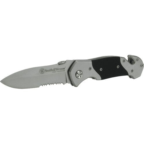 Smith & Wesson First Response Drop Point Folding Knife with serrated or plain blade, glass breaker, strap cutter, and stainless steel handle with G10 inlay