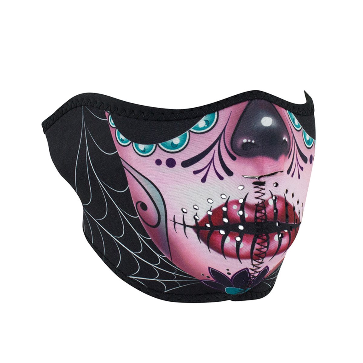 Zan Headgear Neoprene Half-Face Mask - Reversible Sugar Skull to Purple