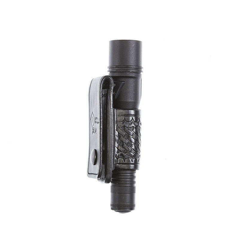 Aker Leather 654 slim open-top flashlight holder in black plain leather, angled view showing side profile and snap closure