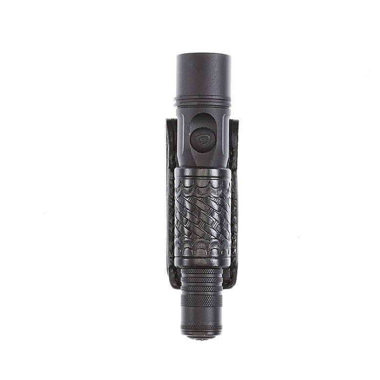 Aker Leather 654 slim open-top flashlight holder in black plain leather, alternate view showing cowhide construction and brass hardware