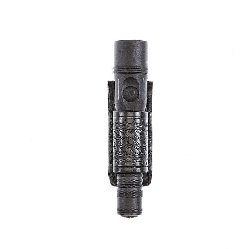 Aker Leather 654 slim open-top flashlight holder in black plain leather, front view showing belt snap and retention strap