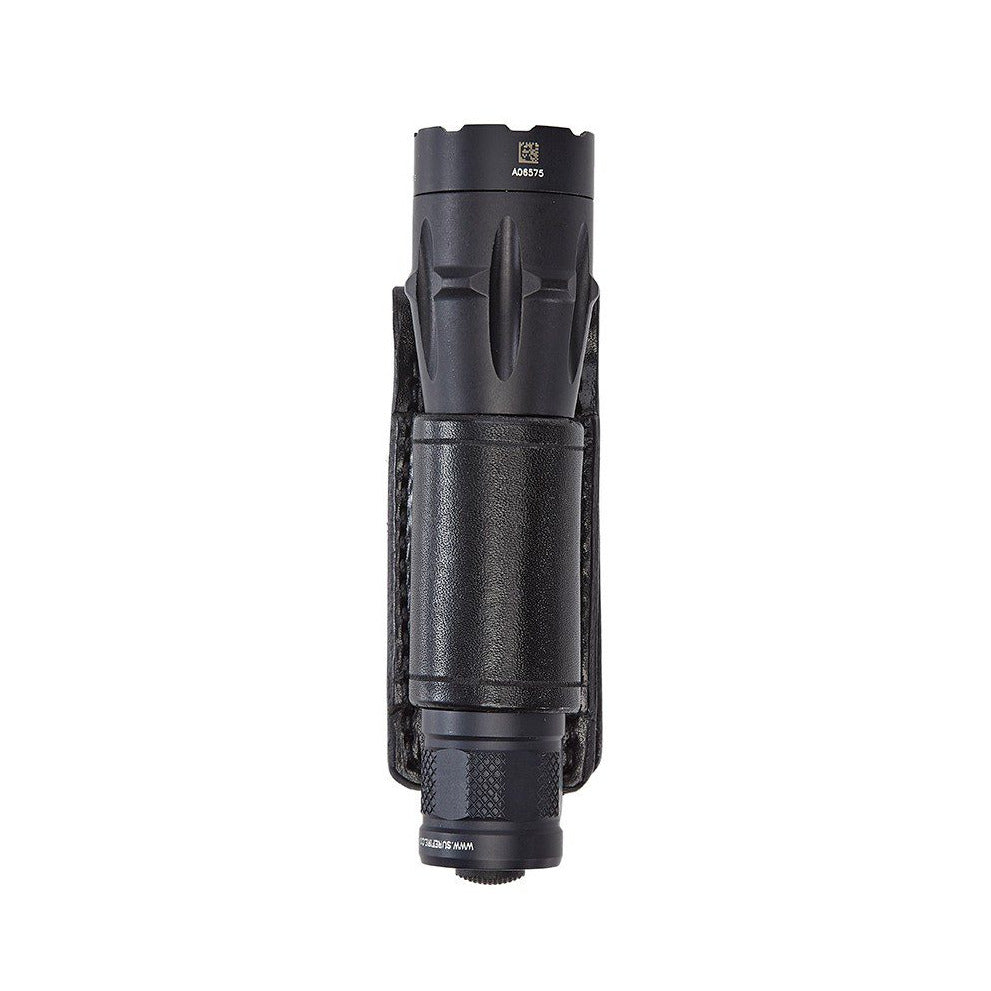 Aker Leather 654 open-top flashlight holder in black plain leather with Streamlight Strion LED inserted, law enforcement duty belt