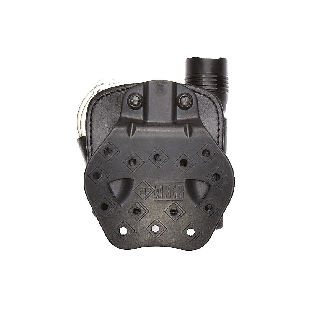 Aker Leather D.M.S. 618 flashlight and handcuff case in black leather, back view showing paddle and belt slot