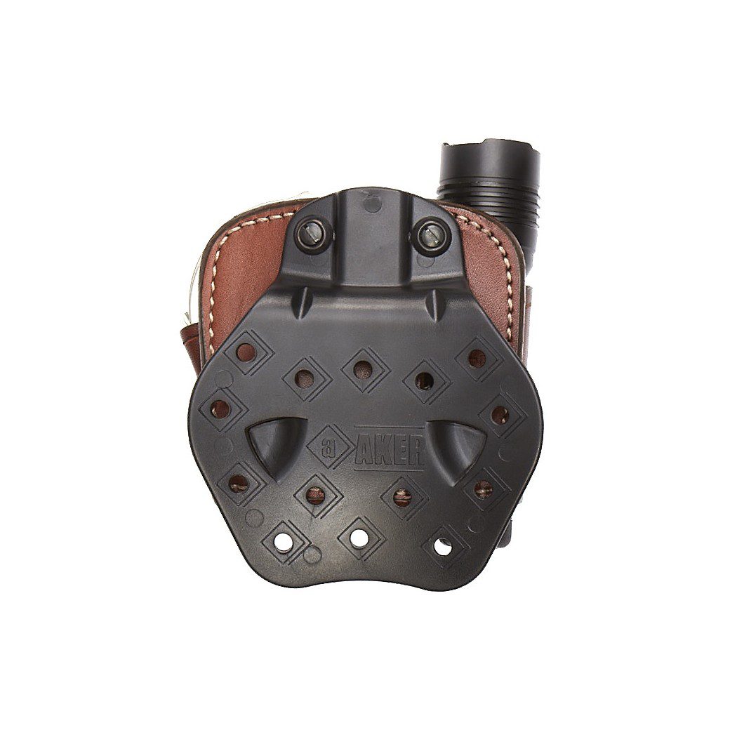 Aker Leather D.M.S. 618 flashlight and handcuff case in tan leather, back view showing paddle and belt slot