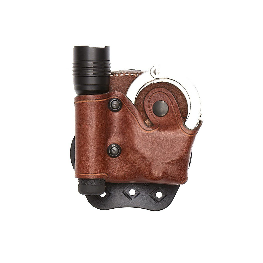 Aker Leather D.M.S. 618 flashlight and handcuff case in tan cowhide leather, front view with dual pouches and belt loop