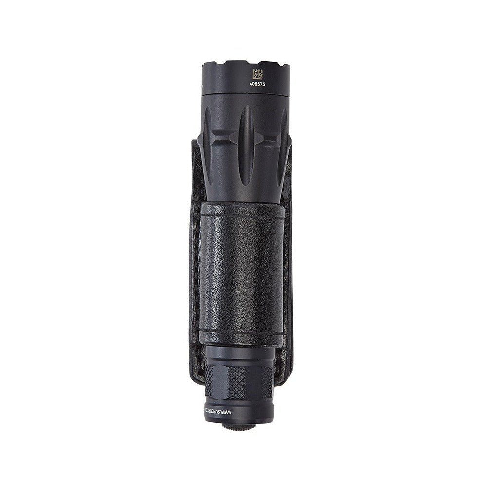 Aker Leather 654 open-top flashlight holder in black plain leather with Streamlight Strion LED inserted, law enforcement duty belt