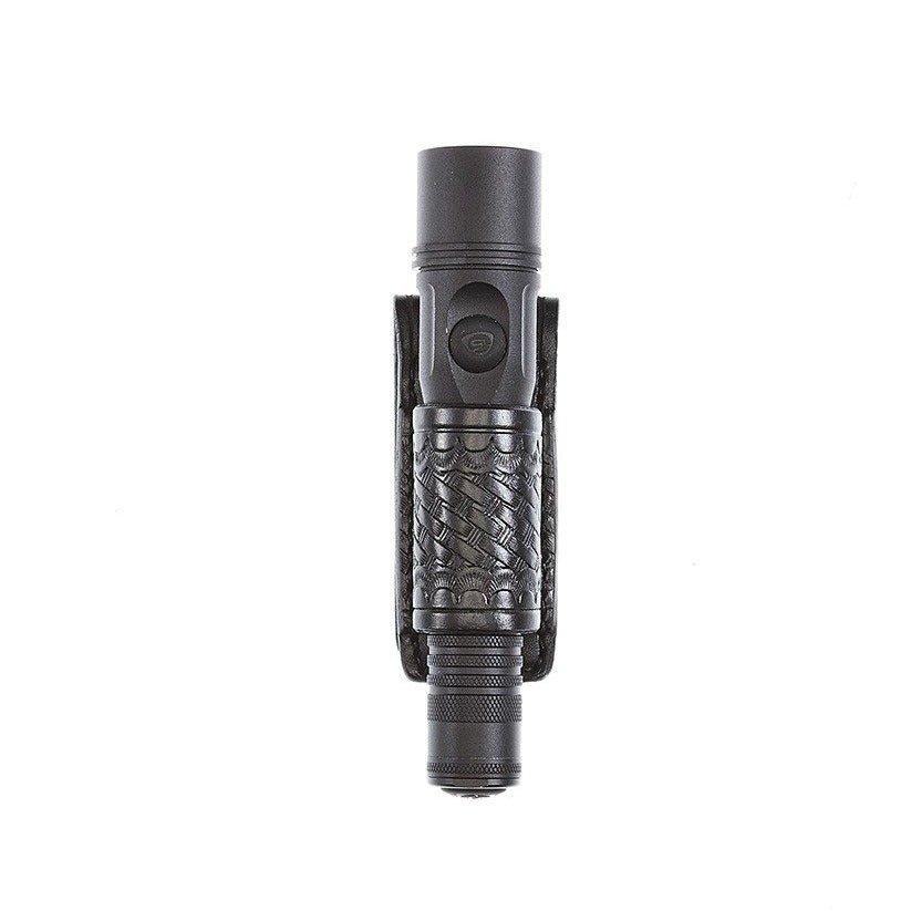 Aker Leather 654 slim open-top flashlight holder in black plain leather, front view showing belt snap and retention strap