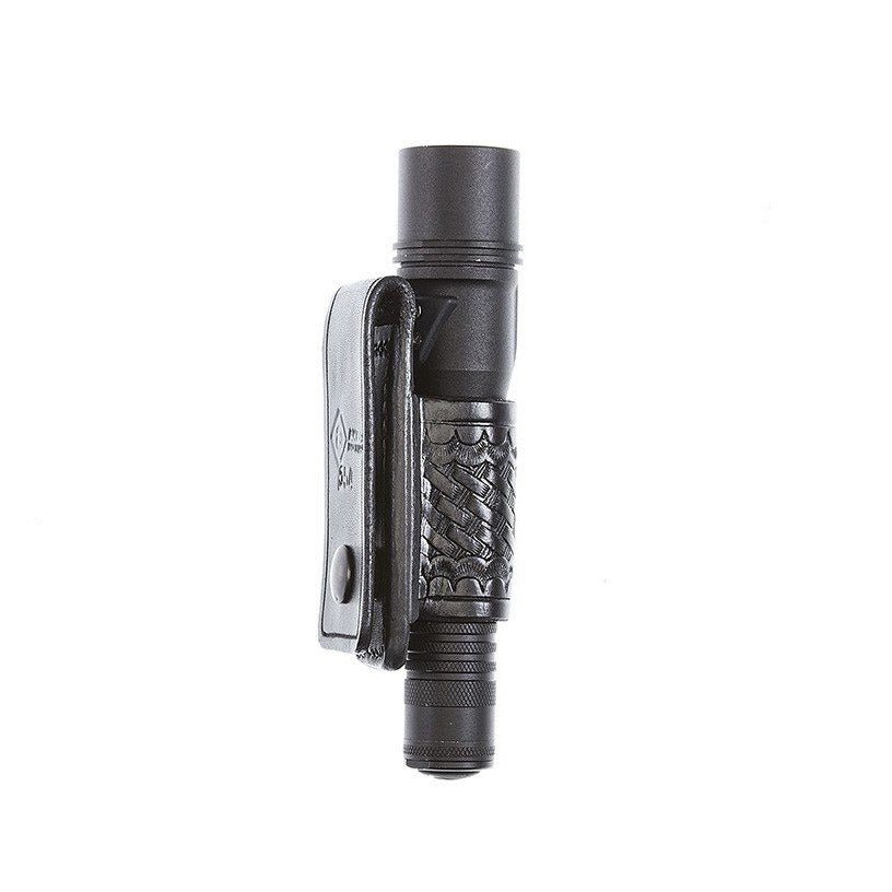 Aker Leather 654 slim open-top flashlight holder in black plain leather, angled view showing side profile and snap closure