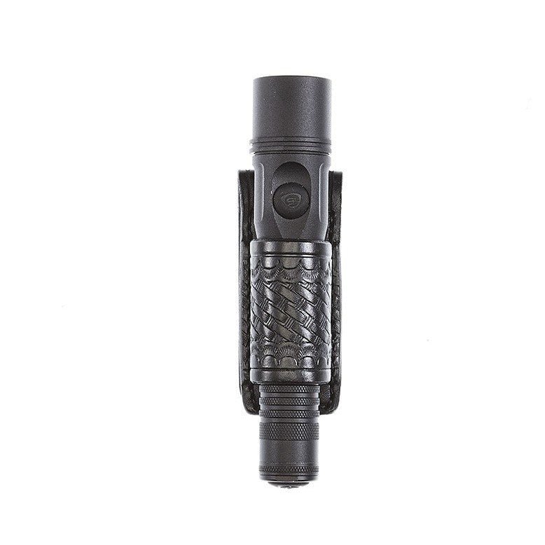Aker Leather 654 slim open-top flashlight holder in black plain leather, alternate view showing cowhide construction and brass hardware