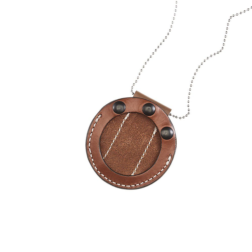 Aker A599-TP leather undercover badge holder in tan brown, front view with ball chain necklace