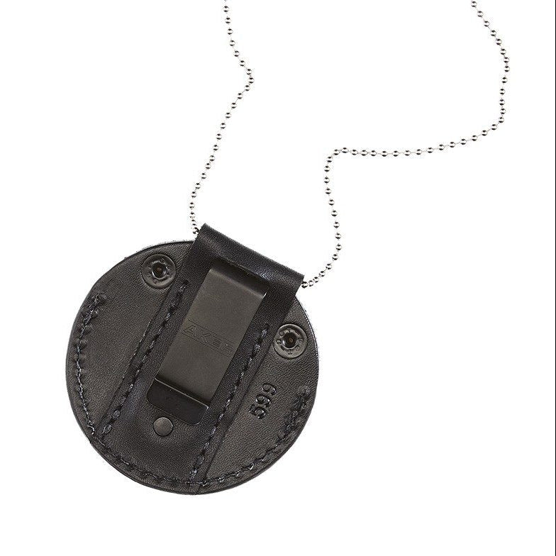Aker A599-BP leather undercover badge holder in black, back view with necklace chain and belt clip loop
