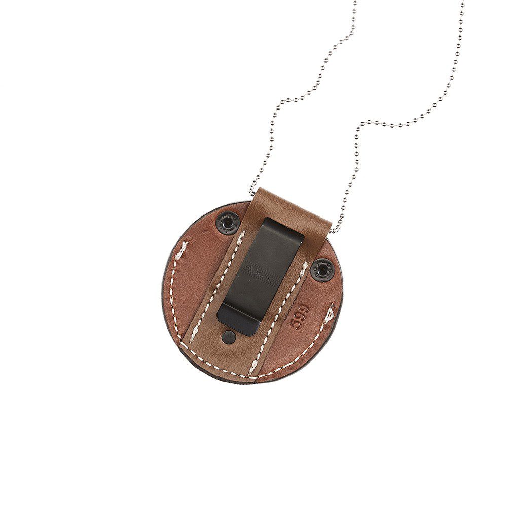 Aker A599-TP leather undercover badge holder in tan brown, second angle with necklace chain attached