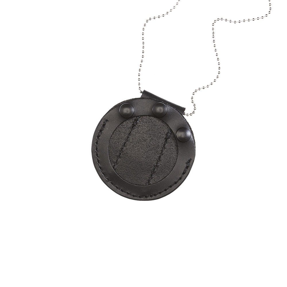Aker A599-BP leather undercover badge holder in black, front view showing badge window and snap closure