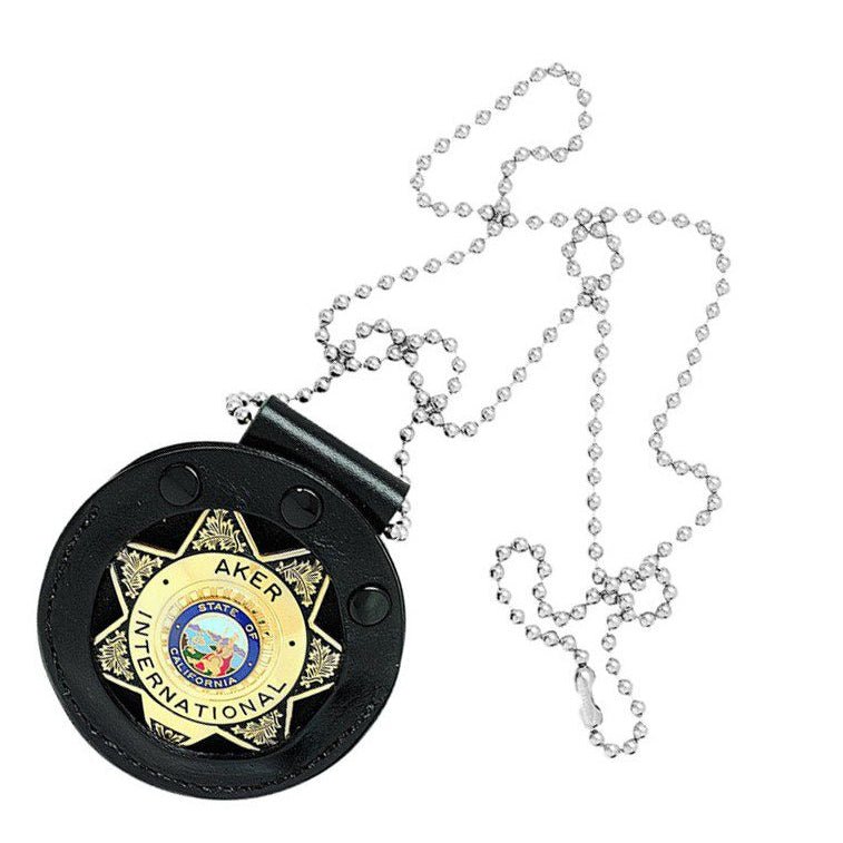 Aker A599-BP leather undercover badge holder in black, studio shot showing leather texture and stitching