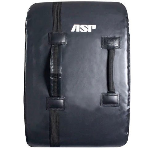 Back of ASP training bag showing offset handle, retention strap, and leather patch reinforcements