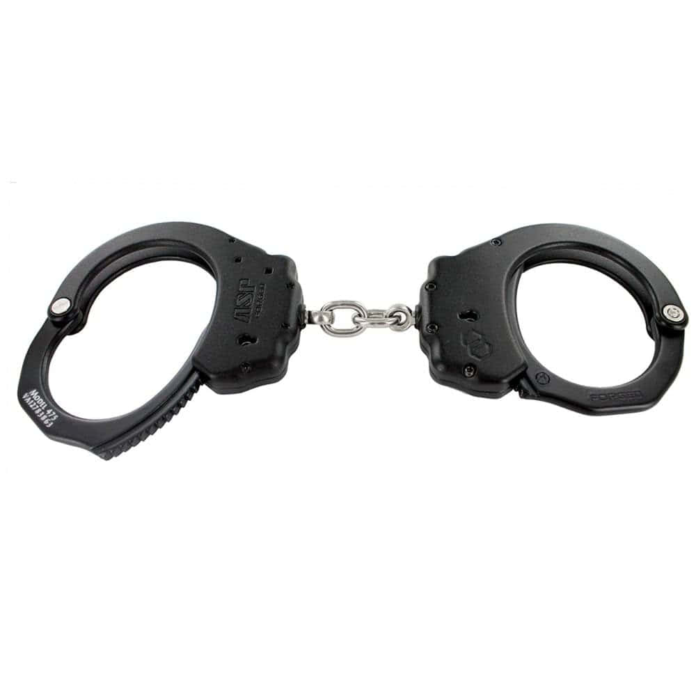 ASP Chain Ultra Plus Handcuffs side angle showing forged black frame and swivel chain