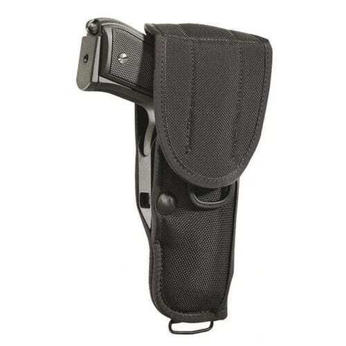 Bianchi UM84I Universal Military Holster 14219 in black with snap flap closed over a large-frame pistol