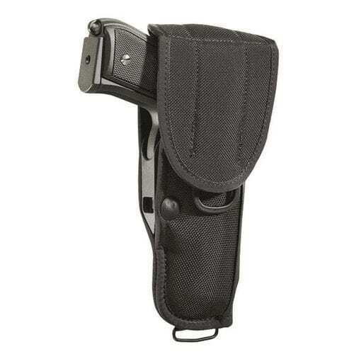 Black Bianchi UM92I military flap holster carrying a large-frame semi-automatic pistol