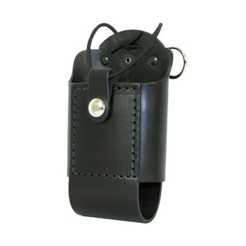 Boston Leather 5481RCE firefighter radio holder in cordovan brown leather with brass hardware, front view