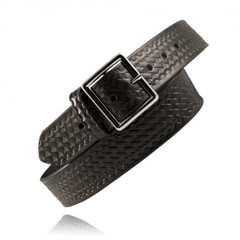 Boston Leather 6605 garrison duty belt 1.75 inch black plain leather coiled, full belt and tip visible