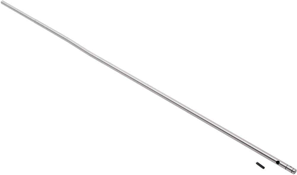 CMMG 55DA196 rifle length gas tube kit, brushed stainless steel tube and roll pin on white background